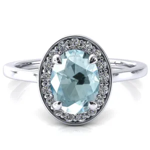 Holly Oval Aqua Blue Spinel 4 Prong Pinpoint Floating Halo Scalloped Cathedral Ring