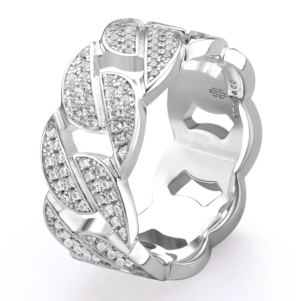 Iced Out Diamond CZ Cuban Link Mens Ring in White Gold KRKC
