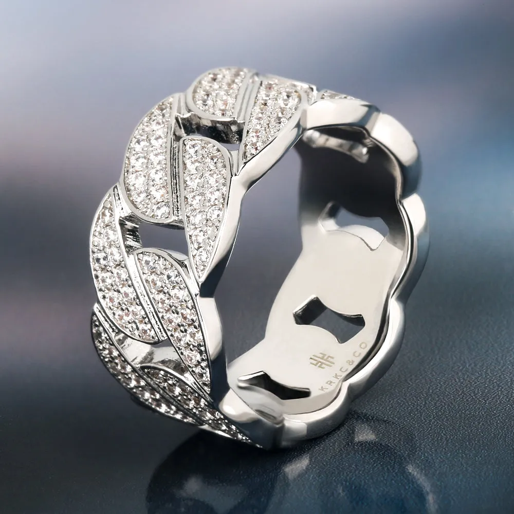 Iced Out Diamond CZ Cuban Link Mens Ring in White Gold KRKC
