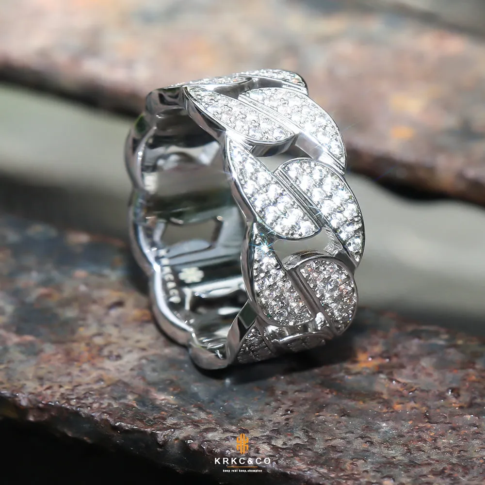 Iced Out Diamond CZ Cuban Link Mens Ring in White Gold KRKC
