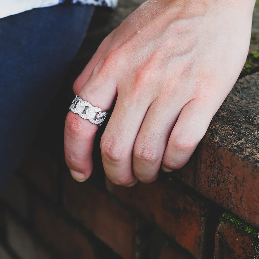 Iced Out Diamond CZ Cuban Link Mens Ring in White Gold KRKC