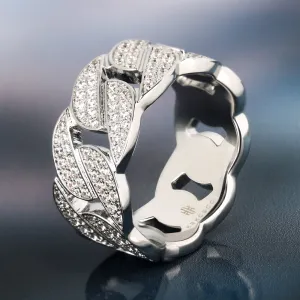 Iced Out Diamond CZ Cuban Link Mens Ring in White Gold KRKC