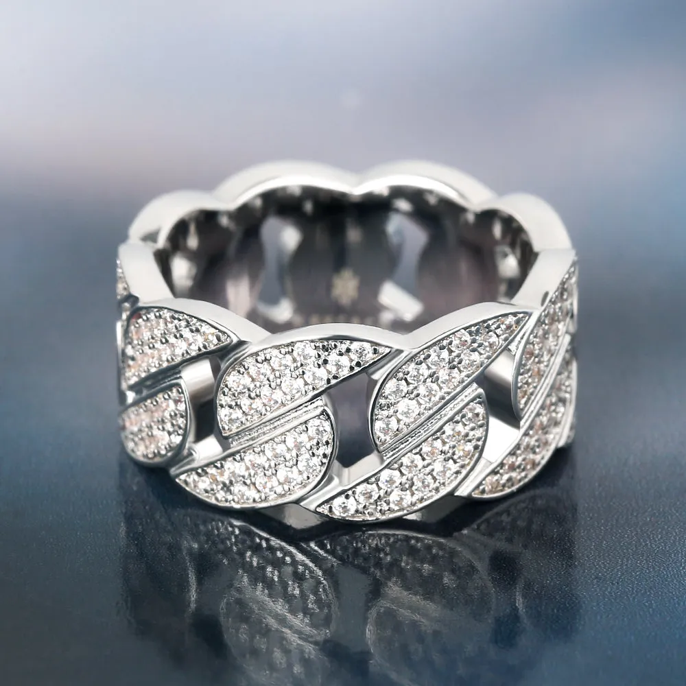 Iced Out Diamond CZ Cuban Link Mens Ring in White Gold KRKC