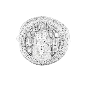 Jesus Face Round Halo Cubic Zirconia Statement Ring in Sterling Silver - C101933