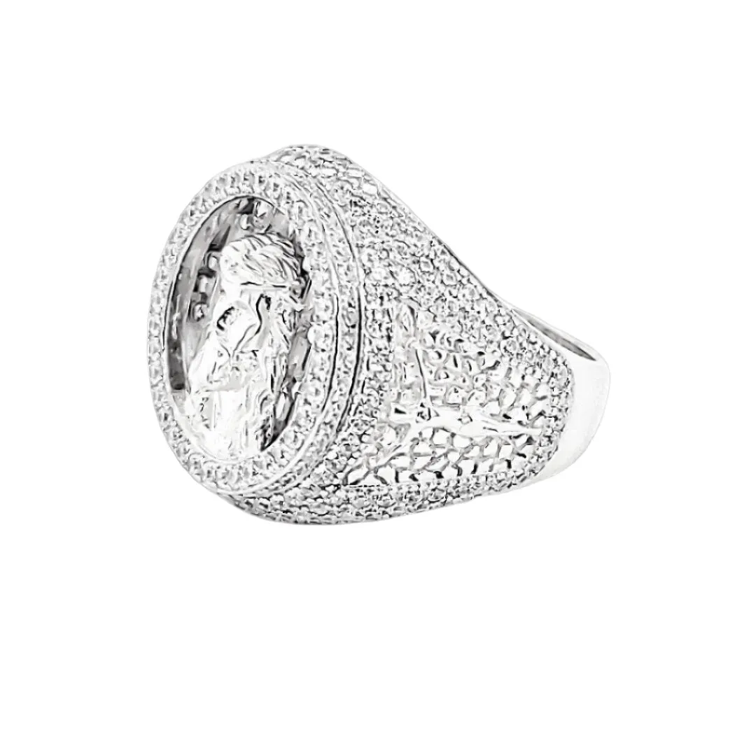Jesus Face Round Halo Cubic Zirconia Statement Ring in Sterling Silver - C101933