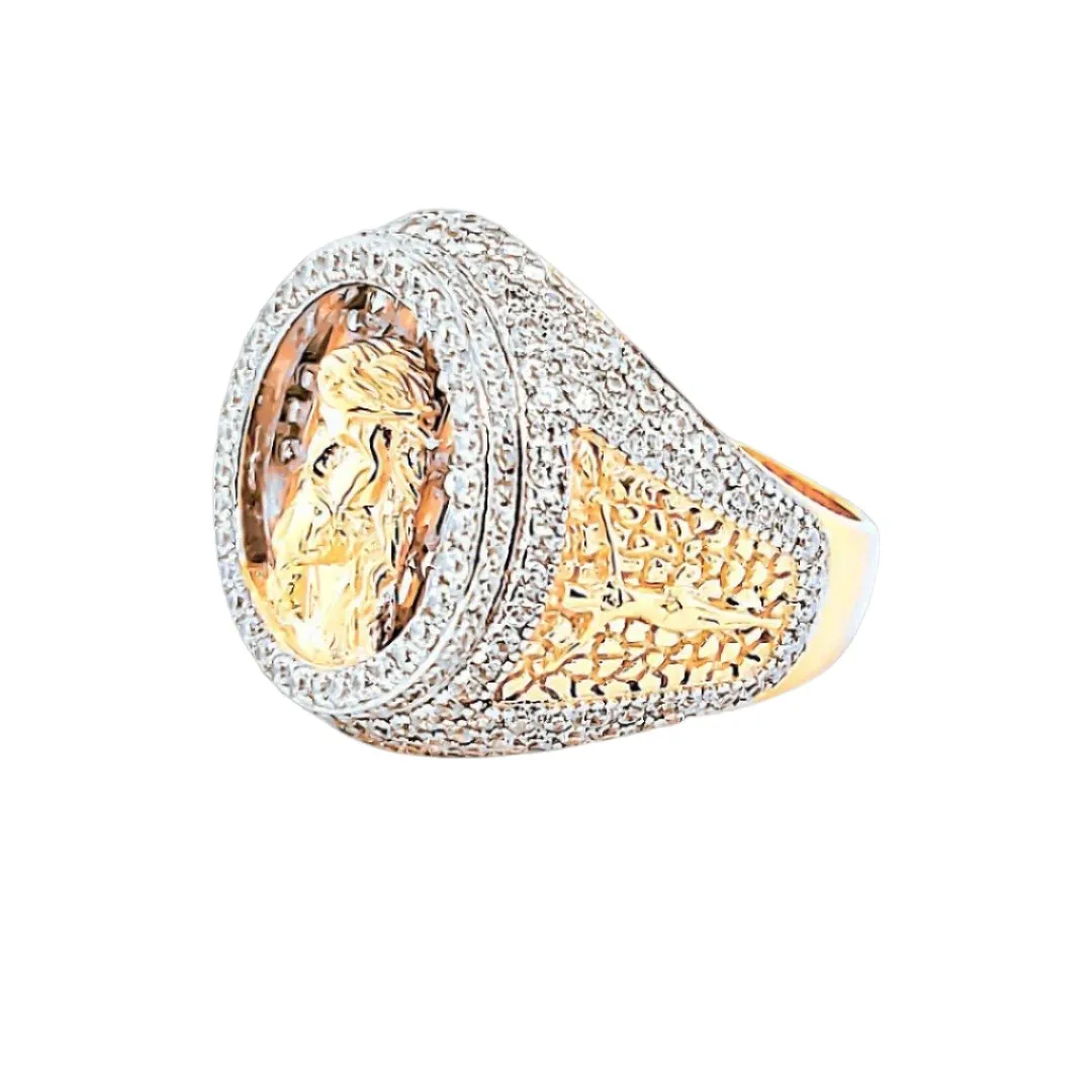 Jesus Face Round Halo Cubic Zirconia Statement Ring in Sterling Silver - C101933