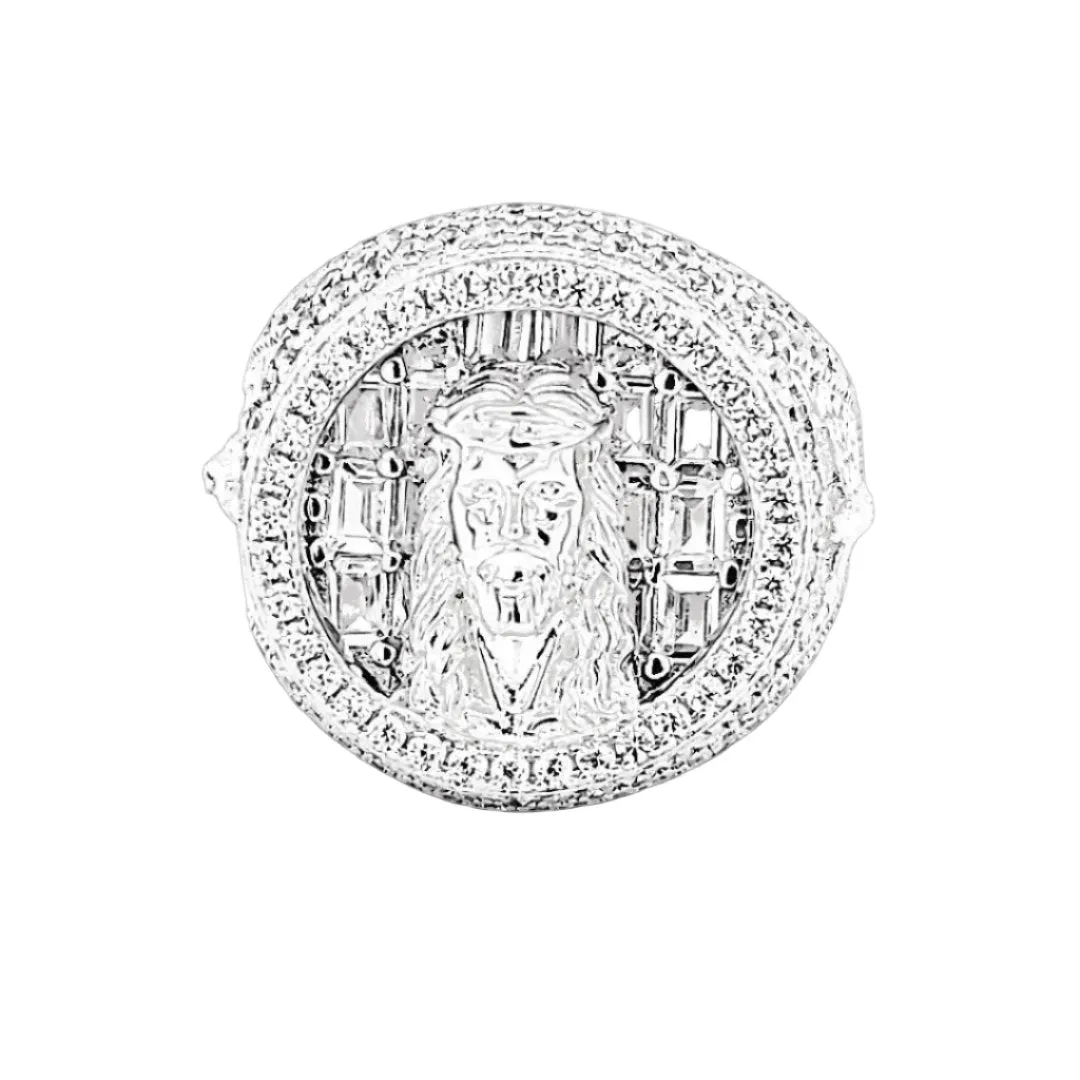 Jesus Face Round Halo Cubic Zirconia Statement Ring in Sterling Silver - C101933