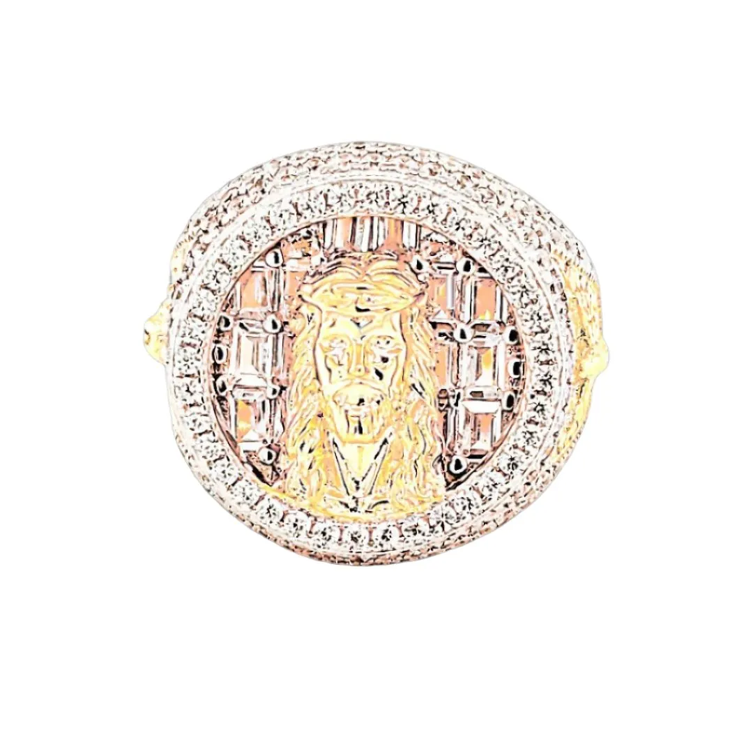 Jesus Face Round Halo Cubic Zirconia Statement Ring in Sterling Silver - C101933