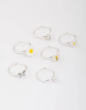 Kids Silver Daisy & Bumble Bee Ring 6-Pack