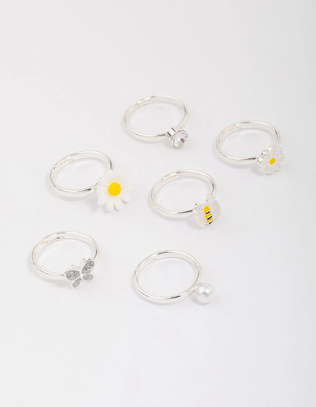 Kids Silver Daisy & Bumble Bee Ring 6-Pack
