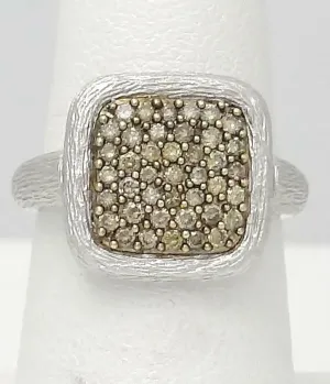 LADIES NEW 14k WHITE GOLD .50ct ROUND BROWN DIAMOND SQUARE BARK FINISH RING
