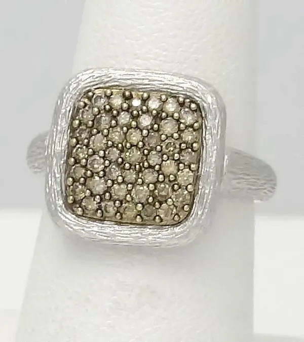 LADIES NEW 14k WHITE GOLD .50ct ROUND BROWN DIAMOND SQUARE BARK FINISH RING