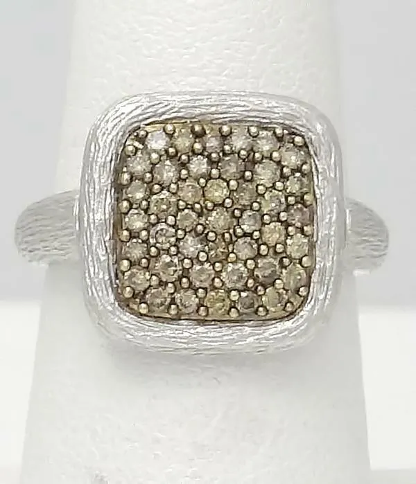 LADIES NEW 14k WHITE GOLD .50ct ROUND BROWN DIAMOND SQUARE BARK FINISH RING