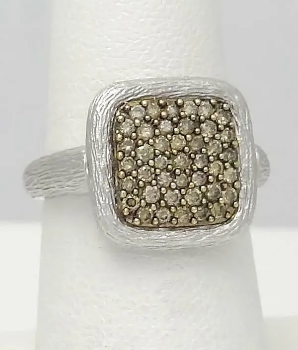 LADIES NEW 14k WHITE GOLD .50ct ROUND BROWN DIAMOND SQUARE BARK FINISH RING