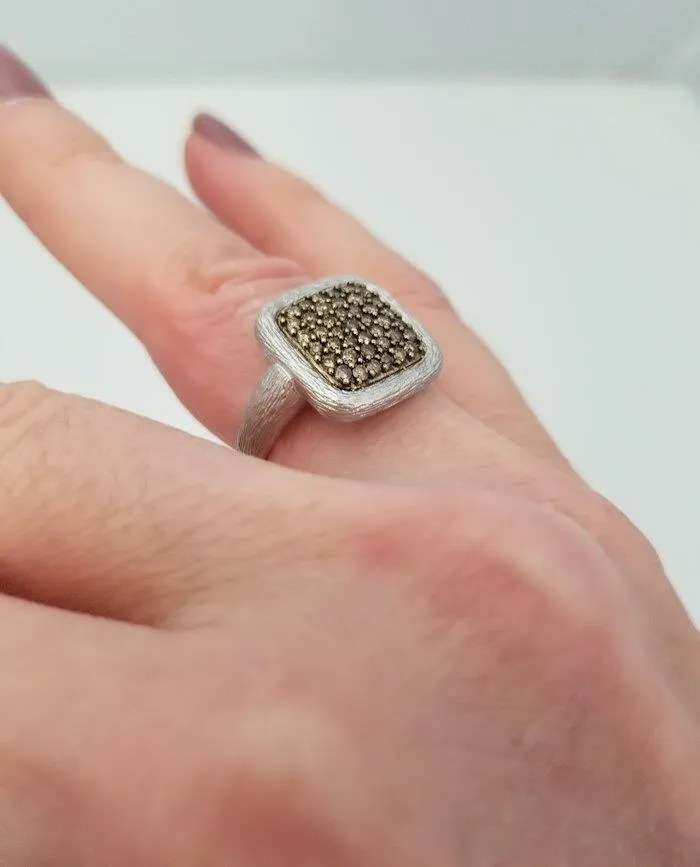 LADIES NEW 14k WHITE GOLD .50ct ROUND BROWN DIAMOND SQUARE BARK FINISH RING