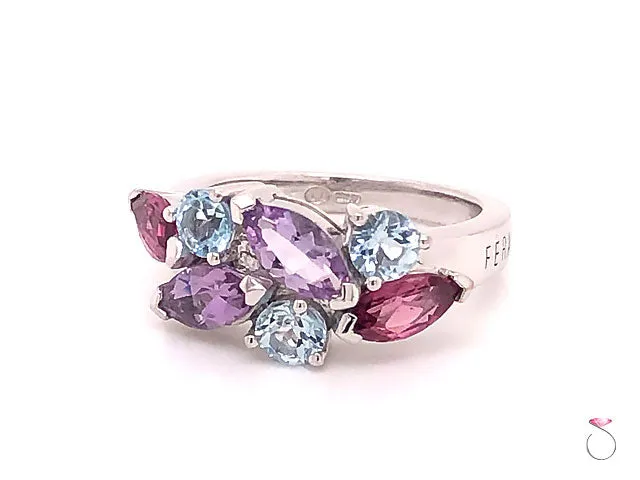 Louis Feraud Aquamarine, Amethyst and Garnet Cluster Band Ring