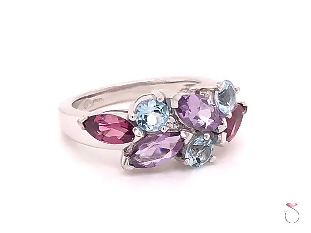 Louis Feraud Aquamarine, Amethyst and Garnet Cluster Band Ring