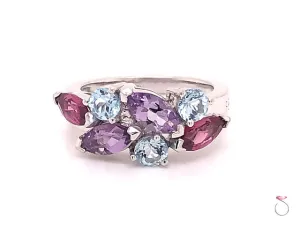 Louis Feraud Aquamarine, Amethyst and Garnet Cluster Band Ring