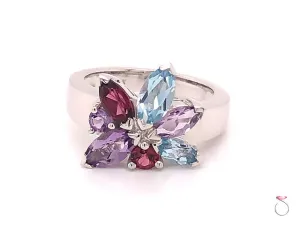 Louis Feraud Aquamarine, Amethyst and Garnet Cluster Ring