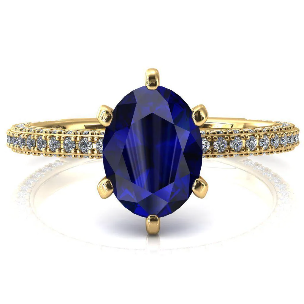 Mariyah Oval Blue Sapphire 6 Prong 3/4 Eternity 3 Sided Diamond Shank Engagement Ring
