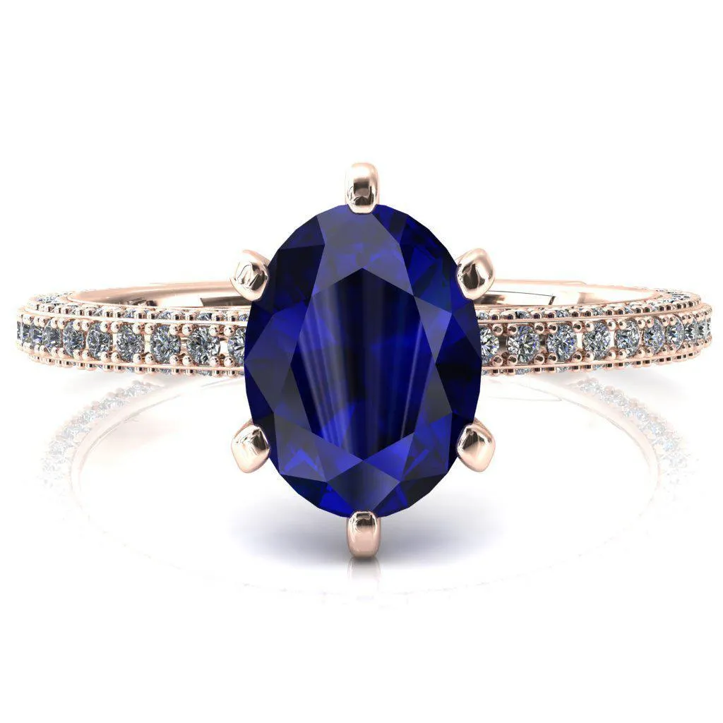 Mariyah Oval Blue Sapphire 6 Prong 3/4 Eternity 3 Sided Diamond Shank Engagement Ring