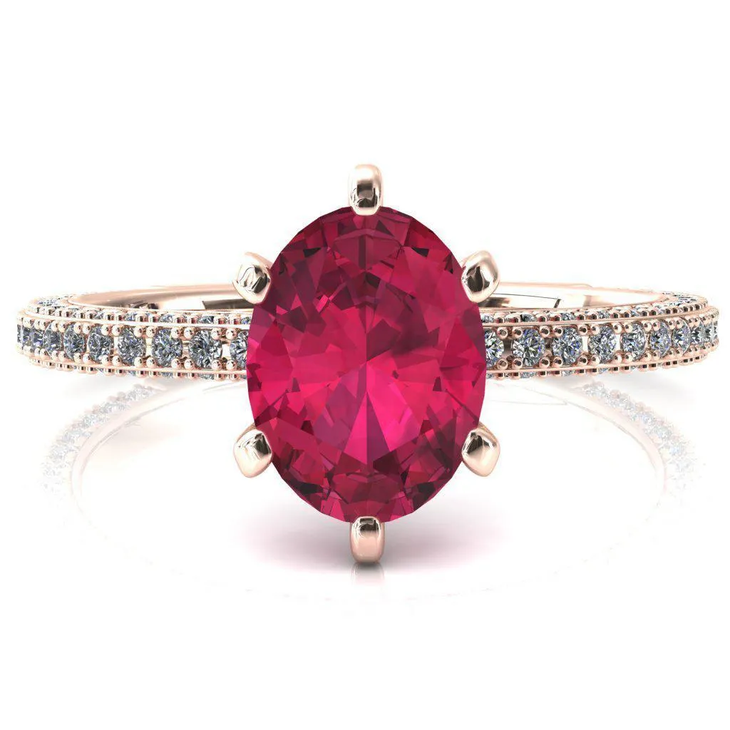 Mariyah Oval Ruby 6 Prong 3/4 Eternity 3 Sided Diamond Shank Engagement Ring
