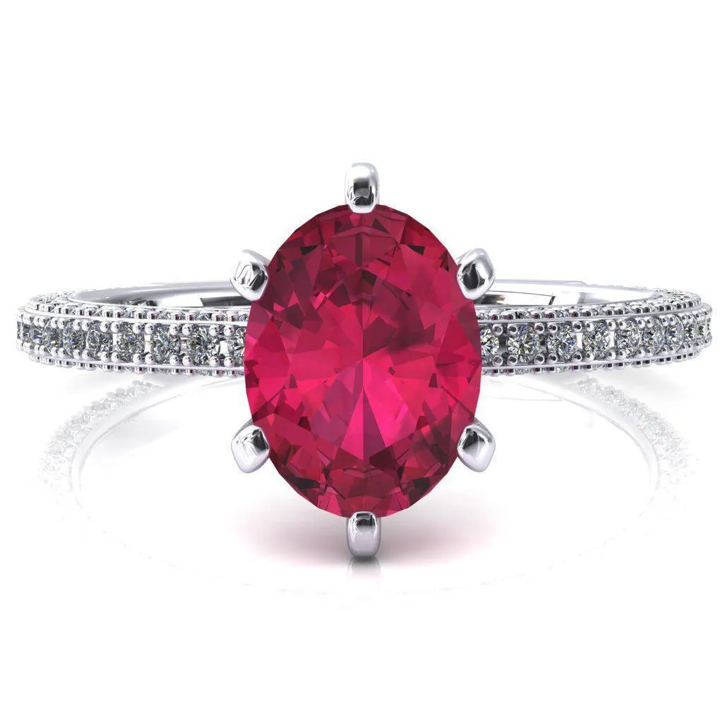 Mariyah Oval Ruby 6 Prong 3/4 Eternity 3 Sided Diamond Shank Engagement Ring