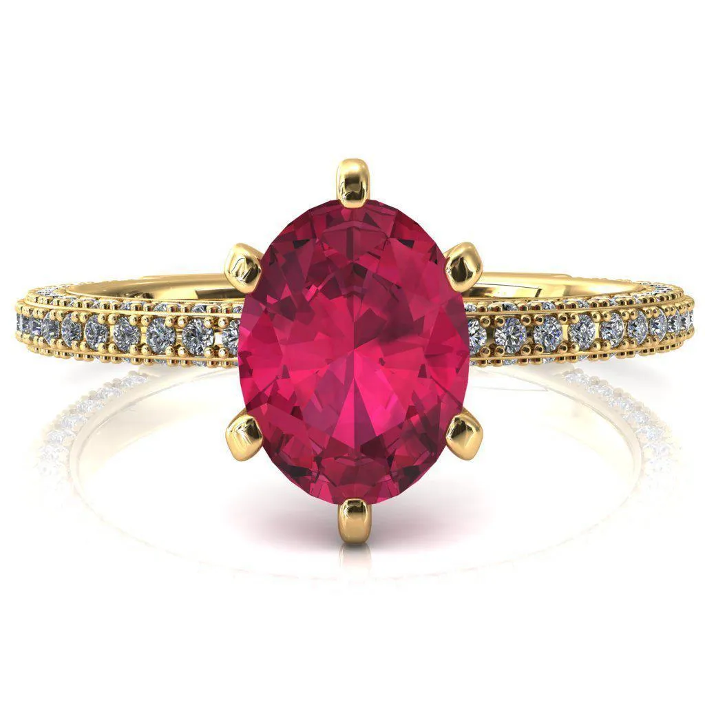 Mariyah Oval Ruby 6 Prong 3/4 Eternity 3 Sided Diamond Shank Engagement Ring