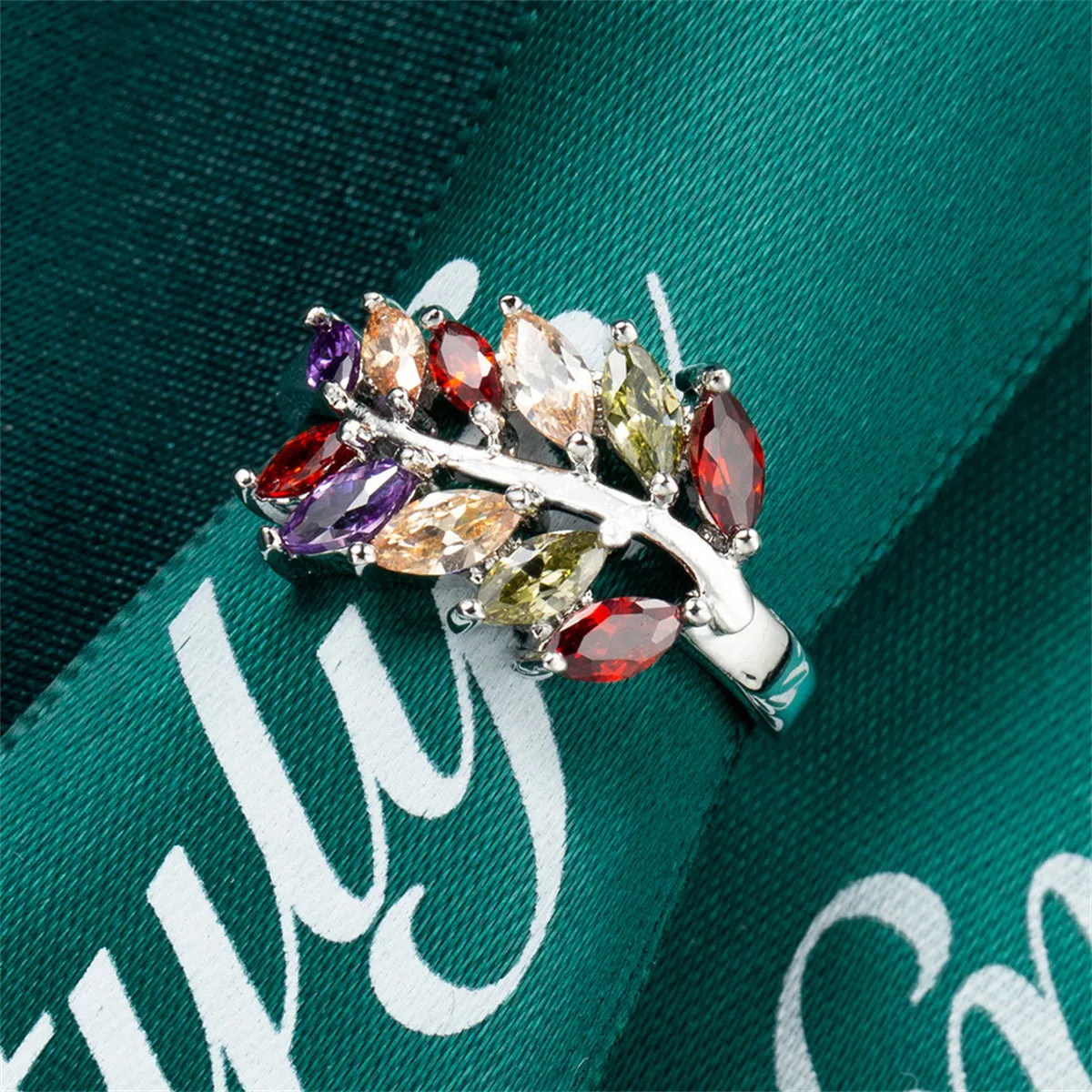 Marquise Crystal & Silver-Plated Leaf Ring