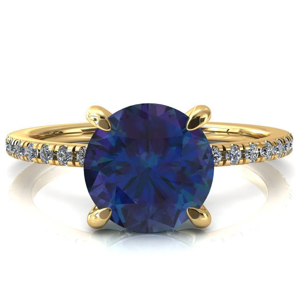 Mayeli Round Alexandrite 4 Claw Prong Micro Pave Diamond Sides Engagement Ring