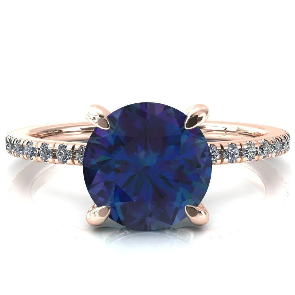 Mayeli Round Alexandrite 4 Claw Prong Micro Pave Diamond Sides Engagement Ring