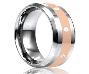 Men's Beveled Edge Tungsten Eternity Diamond Ring With Rose Gold Inlay