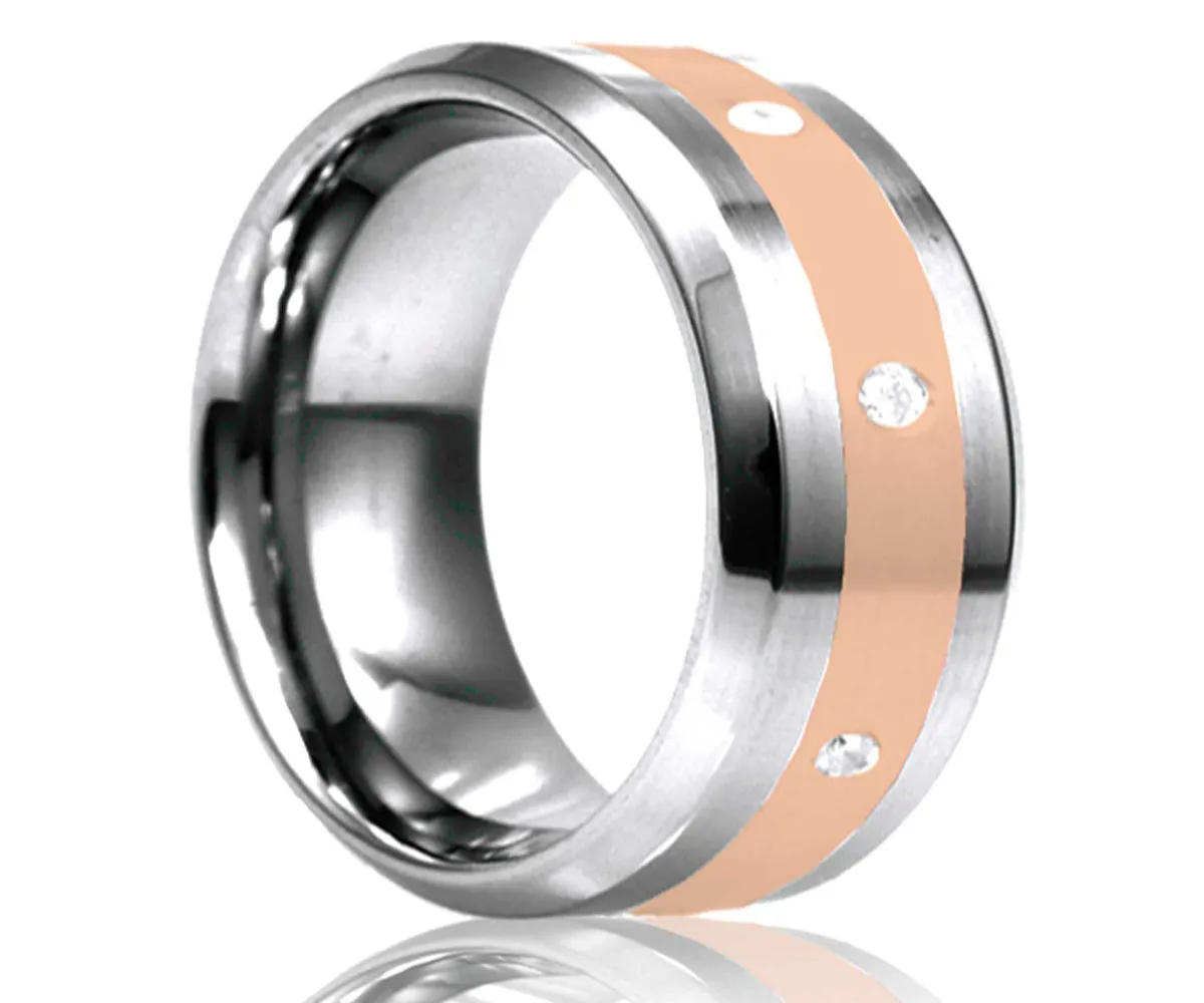 Men's Beveled Edge Tungsten Eternity Diamond Ring With Rose Gold Inlay
