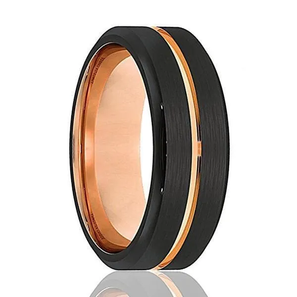 Men's Black Tungsten Ring With Rose Gold Grooved Center Beveled Edges - 8mm