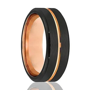 Men's Black Tungsten Ring With Rose Gold Grooved Center Beveled Edges - 8mm