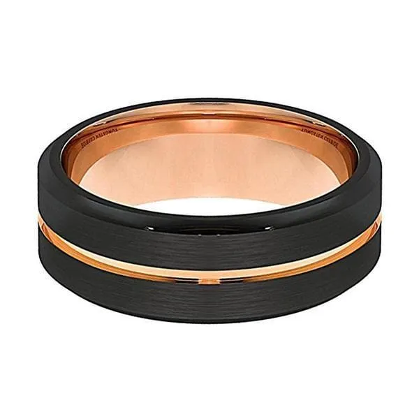 Men's Black Tungsten Ring With Rose Gold Grooved Center Beveled Edges - 8mm