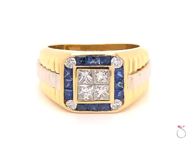 Mens Ring Diamond and Sapphire Rolex styled 2 Tone Ring in 18k Yellow Gold