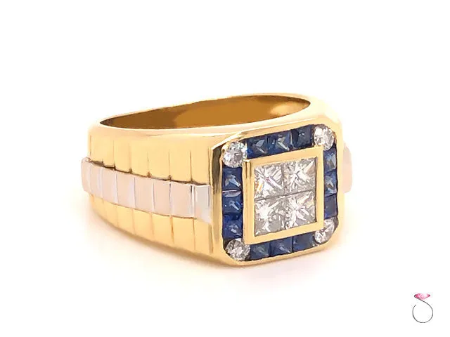 Mens Ring Diamond and Sapphire Rolex styled 2 Tone Ring in 18k Yellow Gold
