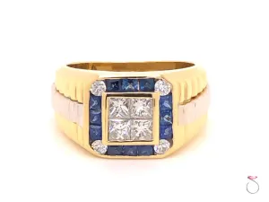 Mens Ring Diamond and Sapphire Rolex styled 2 Tone Ring in 18k Yellow Gold
