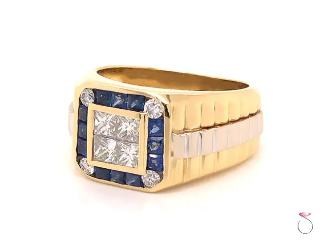 Mens Ring Diamond and Sapphire Rolex styled 2 Tone Ring in 18k Yellow Gold