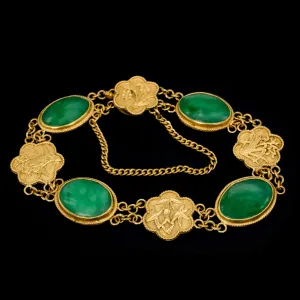 Midcentury 22K Gold and Oval Jade Bracelet 6"