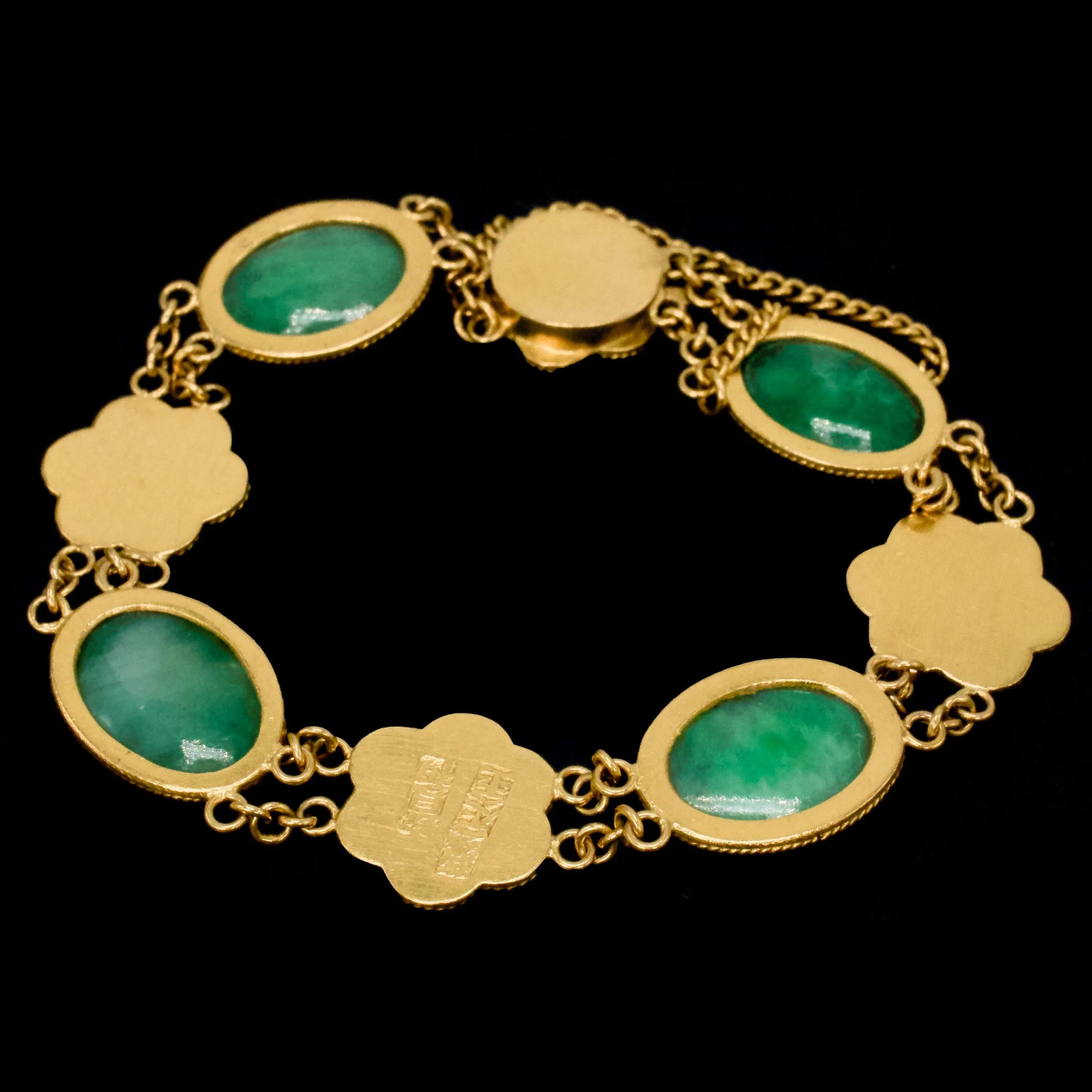 Midcentury 22K Gold and Oval Jade Bracelet 6"