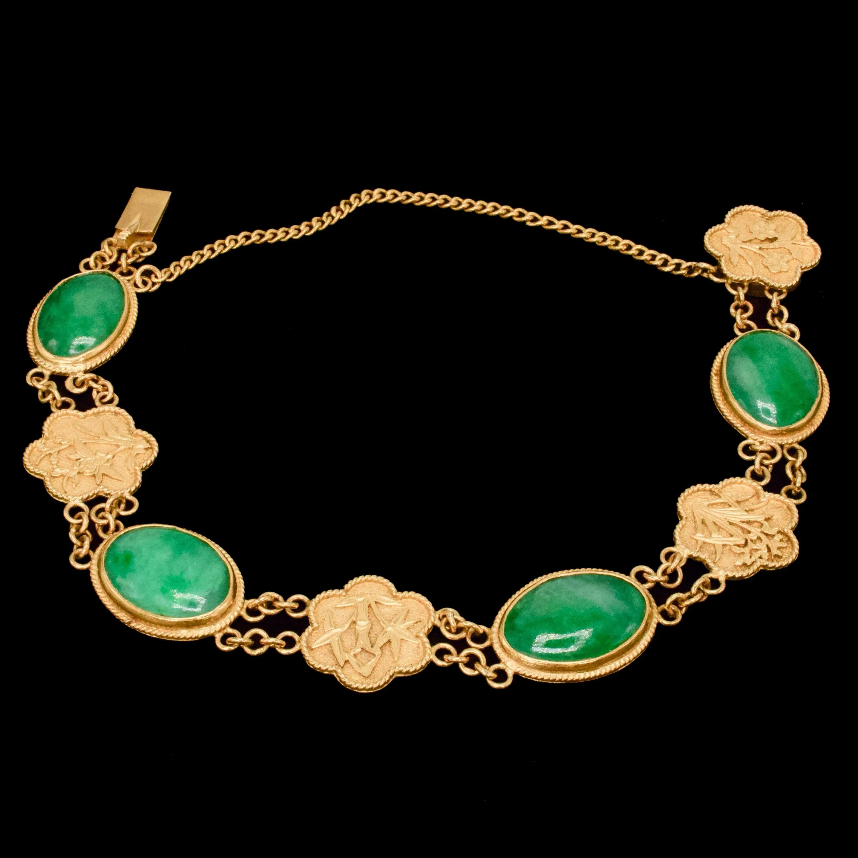 Midcentury 22K Gold and Oval Jade Bracelet 6"