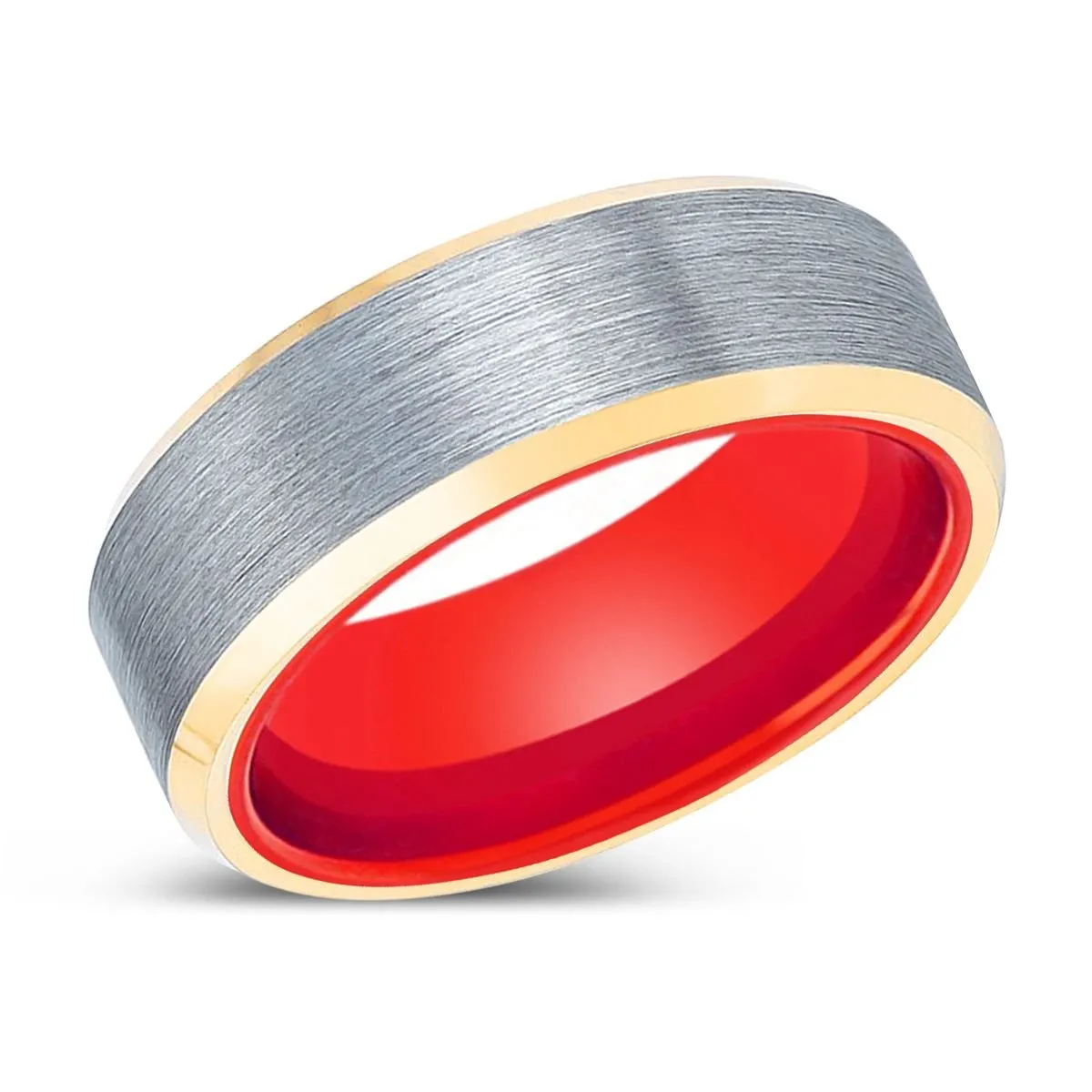 MOHAWK | Red Ring, Silver Tungsten Ring, Brushed, Gold Beveled Edges