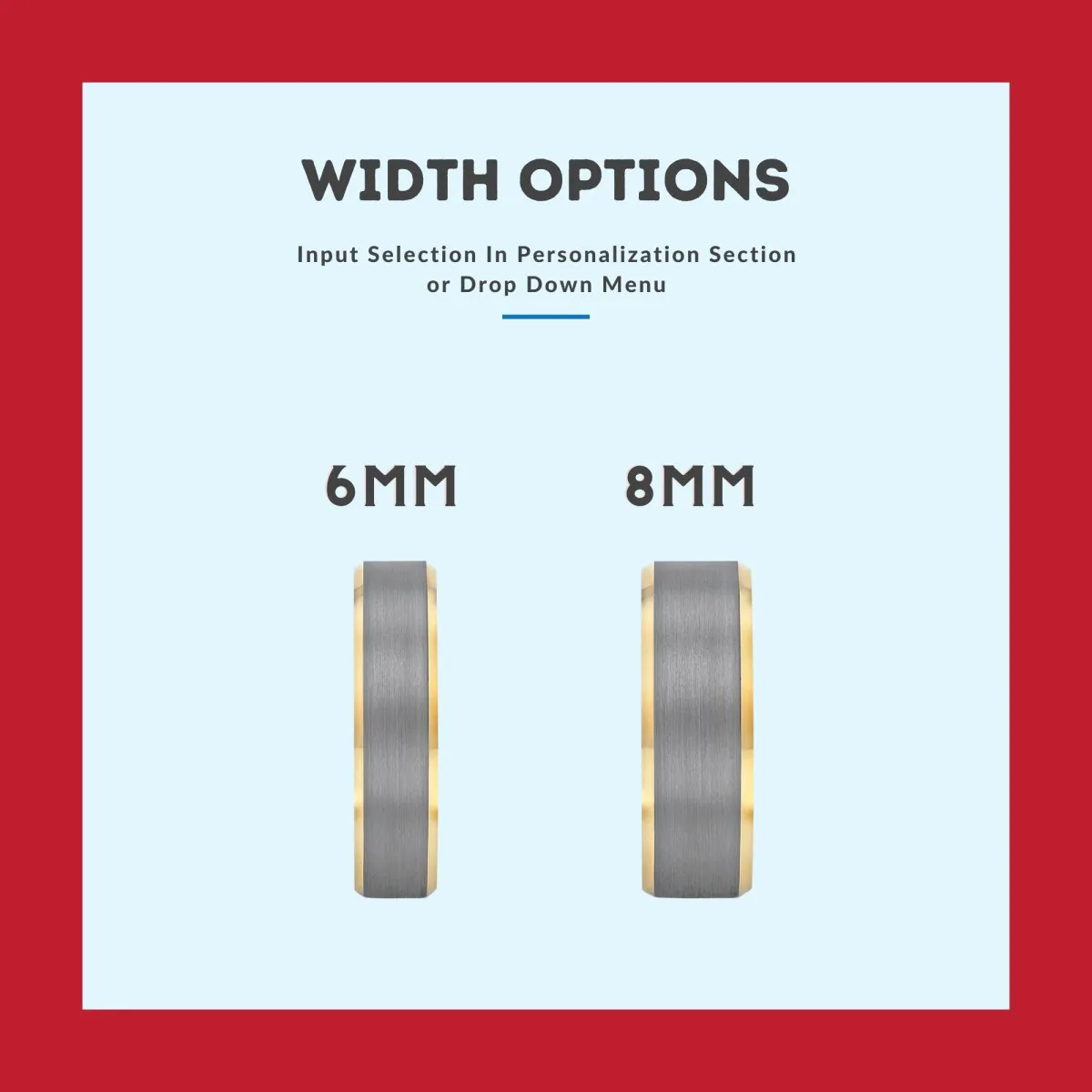MOHAWK | Red Ring, Silver Tungsten Ring, Brushed, Gold Beveled Edges