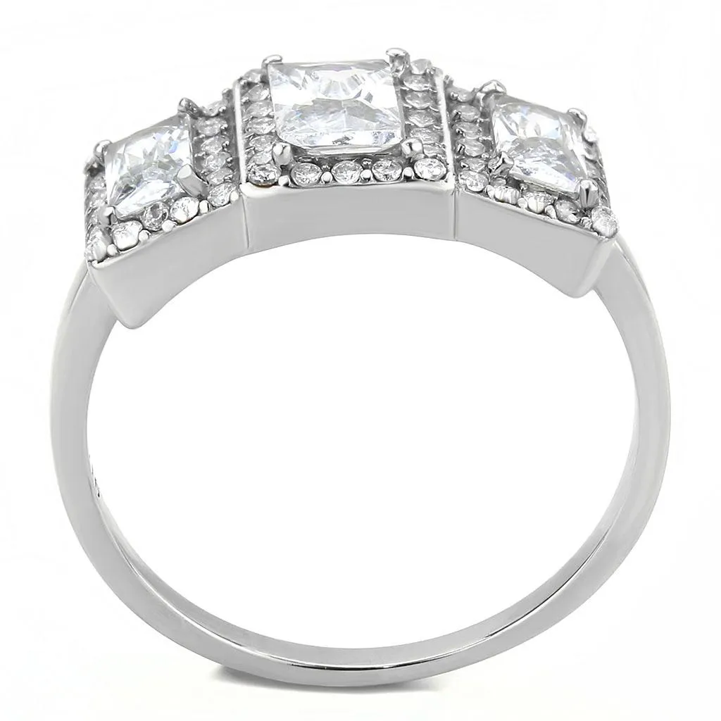 MT ad 223 Stainless Steel Emerald Cut Past Present Future Clear Crystals April Birthstone Halo Design Newest