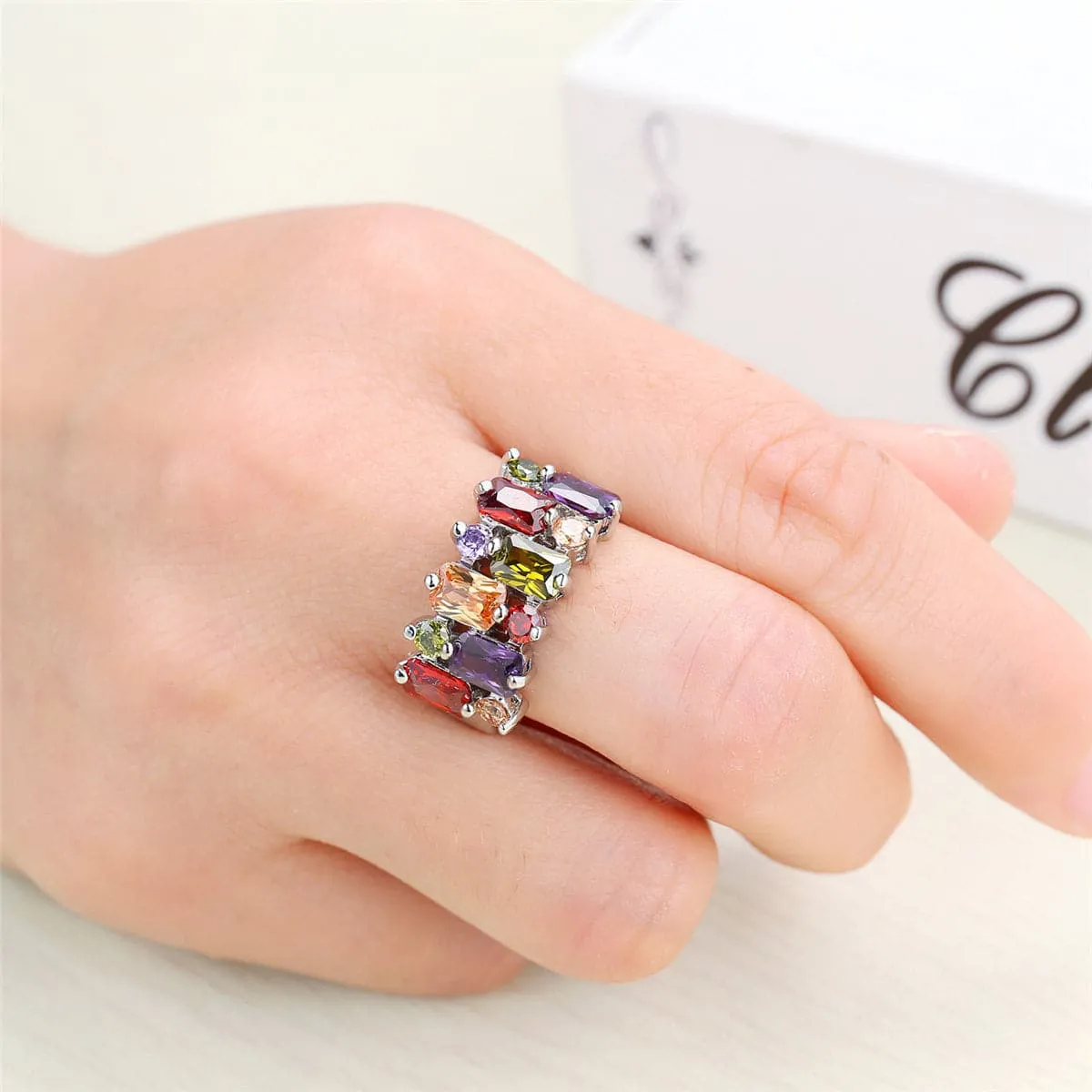 Multicolor Crystal & Silver-Plated Radiant-Cut Pavé Ring