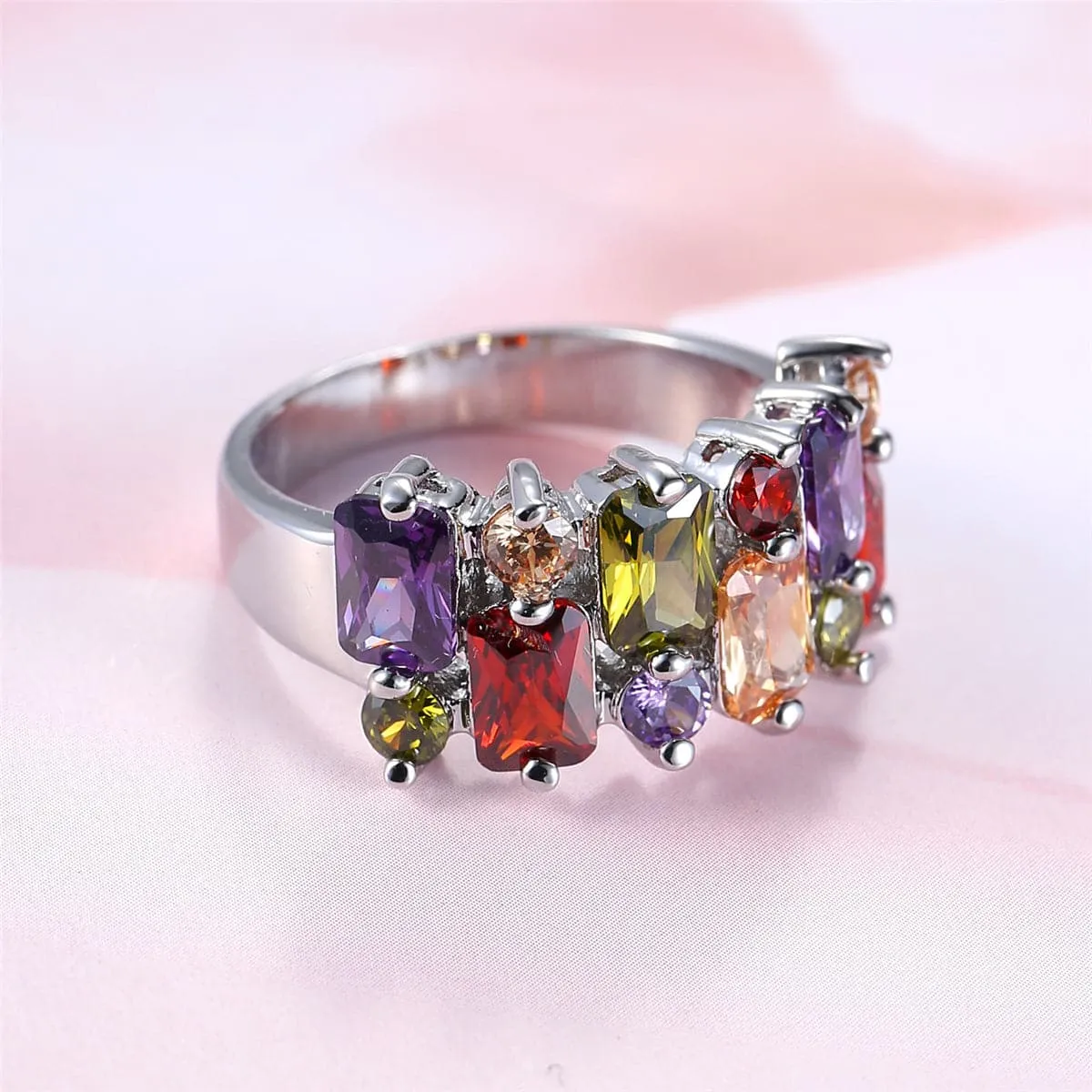 Multicolor Crystal & Silver-Plated Radiant-Cut Pavé Ring