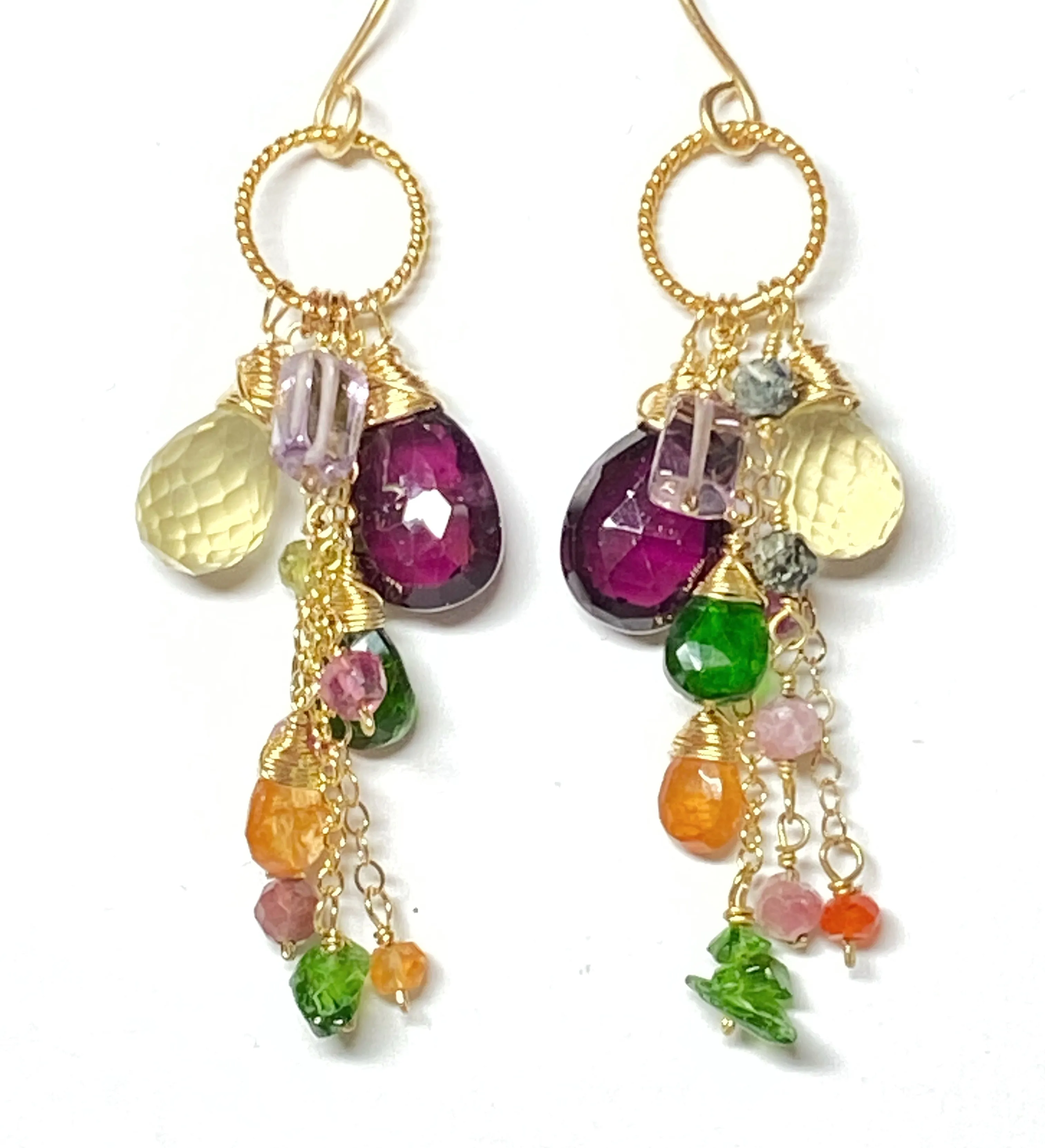 Multicolor Gemstone Gold Dangle Earrings Rhodolite Garnet, Lemon Quartz