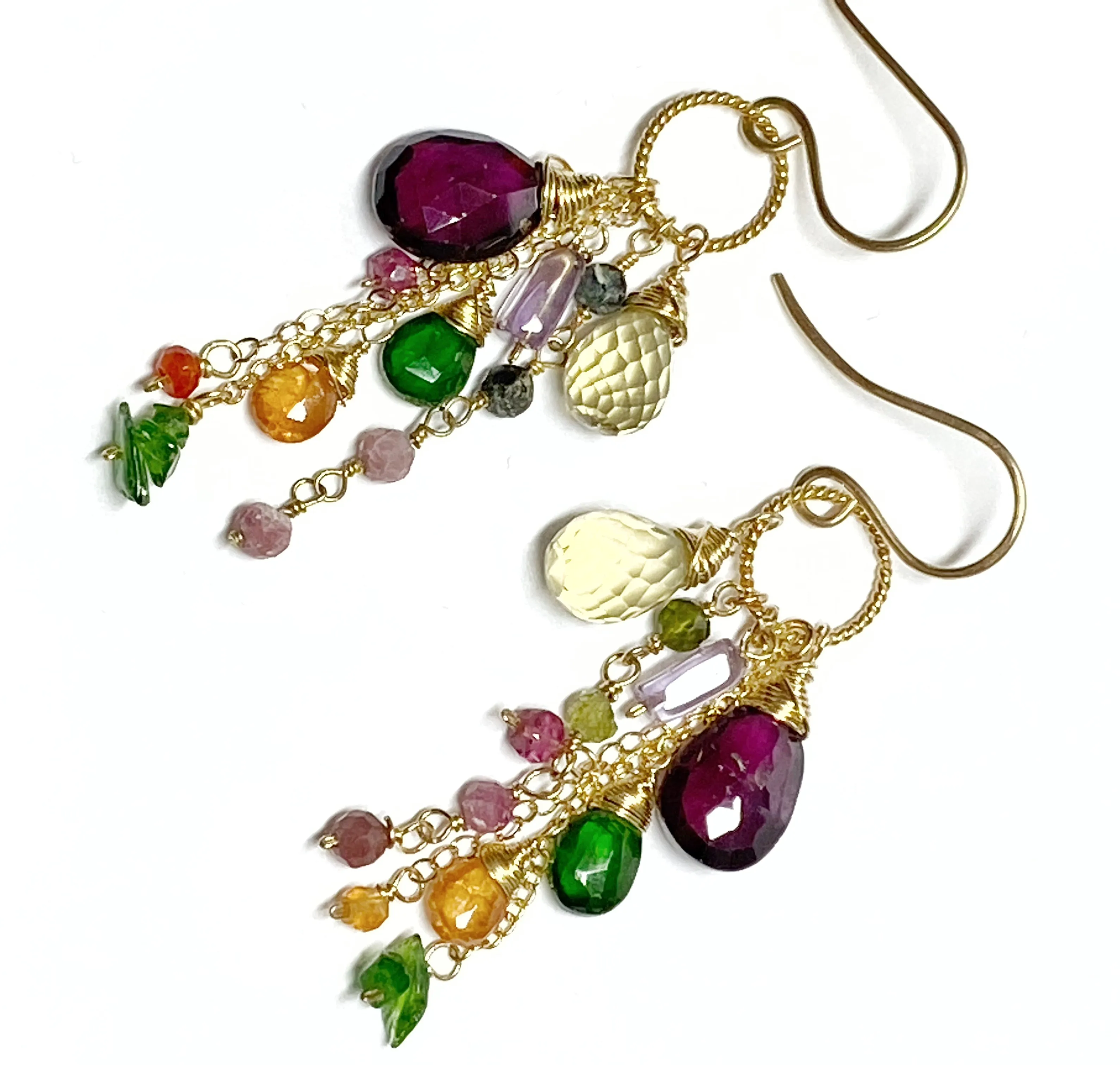 Multicolor Gemstone Gold Dangle Earrings Rhodolite Garnet, Lemon Quartz